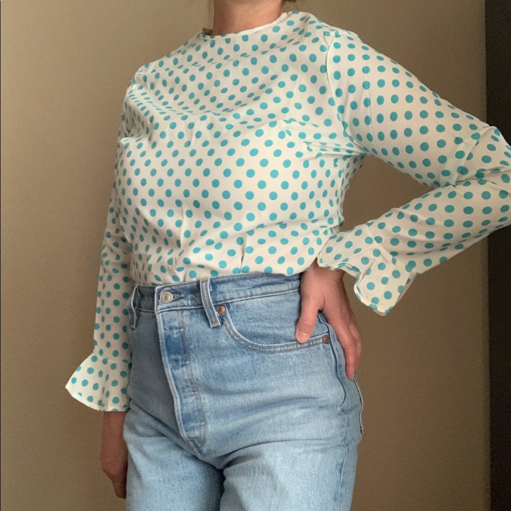 VINTAGE Long Sleeve Top with Ruffles and Blue Dots